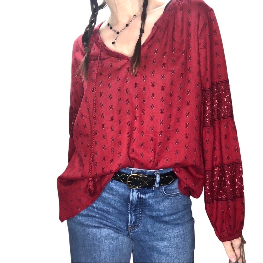 Sonoma Peasant Top Sz XL Red Boho Print Balloon Sleeve Tassel Cotton Casual